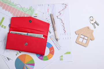 Profitable investment. Market analysis. Buying a property. House Minifigure with key, purse, dollar bills,  graphs and charts. Business and Finance