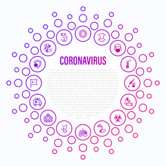 Coronavirus thin line icons in circle shape. Virus, airborne infection, medical mask, fever, vaccine, hand washing, bacteria under magnifier, pneumonia, inflammation in lungs. Vector illustration