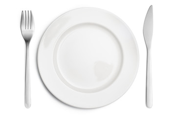 Empty plate with fork and knife, isolated on white background
