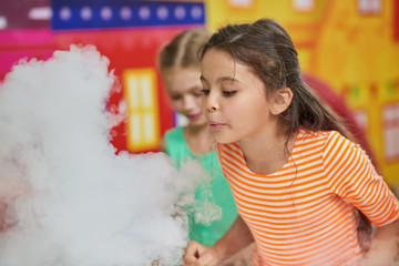 Liquid nitrogen experiment for kids. Fancy show for children. Science for kids.