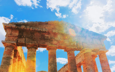 Part of Doric temple in Segesta in Sicily with sunlight