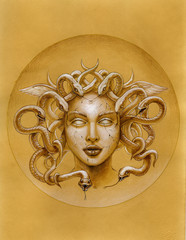 Medusa Gorgon. Watercolor illustration on vintage paper. © natalia