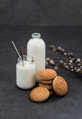 Shortbread oatmeal cookies with milk on a dark gray background