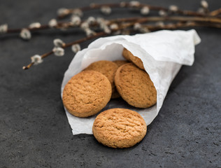 Shortbread oatmeal cookies with milk on a dark gray background