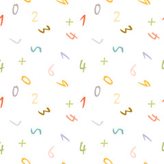 Obraz premium Mathematics background - different numbers in random pattern. Colorful school pattern for children. Multicolor math background for kids. Seamless abstract vector pattern