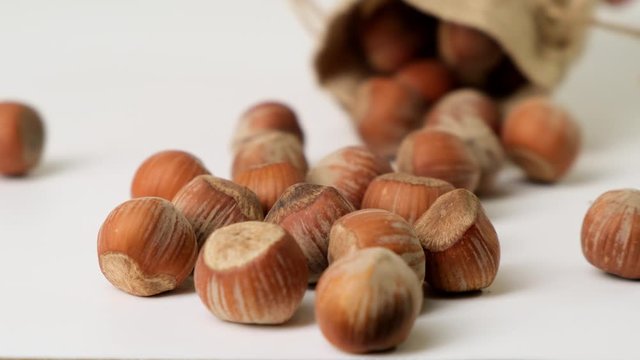 Hazelnut dropping on the white table in slow motion. Close up.