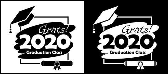 Class of 2020 with Graduation Cap and diploma. Flat simple black and white design. Illustration, vector