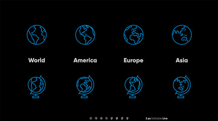 Dark Theme Earth Different Sides set. World, America, Europe, Africa and Asia with Australia vector globe icons. Thin Editable line illustration on dark background.