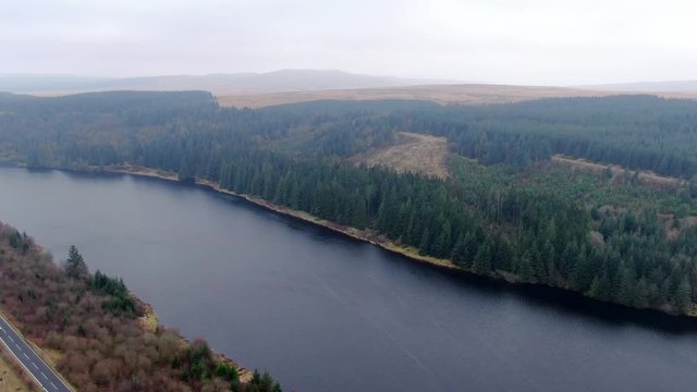 Beautiful lake at Brecon Beacons National Park in Wales - aerial footage -aerial photography