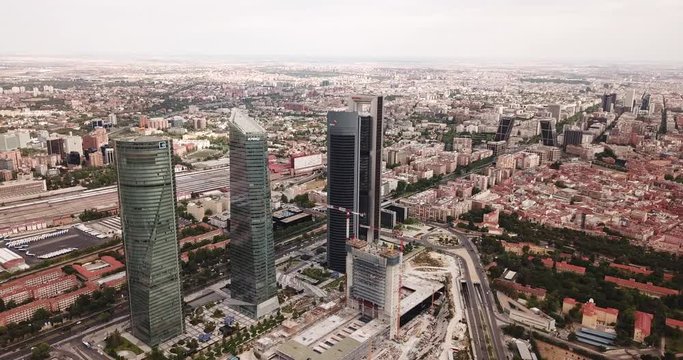 MADRID, SPAIN - JUNE 16, 2019:  Four business skyscrapers (Cuatro Torres) of the business district in Madrid. Spain