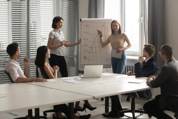 Female couch make presentation on flipchart in office