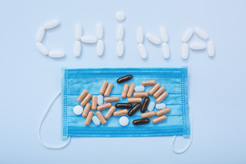 Medical mask and pills. The virus problem in China