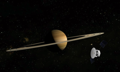 Planet Saturn, rings and other moons. Satellite explore to the planet. 3d illustration.