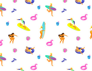 Vector seamless pattern with tiny isometric people doing summer sports. Summer activities . Surfing, swimming.