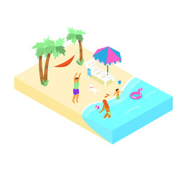 Isometric beach scene with family resting on the coast. Couple playing beach volley, child playing in the water. Family summer vacation.