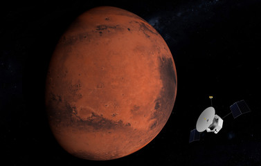 Red planet Mars - is a planet of the solar system. Interplanetary probe explores far planets. 3D-illustration. © Sergey Fedoskin