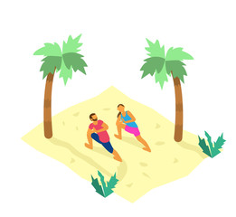 Obraz na płótnie Canvas Isometric illustration of tiny couple doing yoga on the beach with palms and plants. Healthy lifestyle. Summer activities.