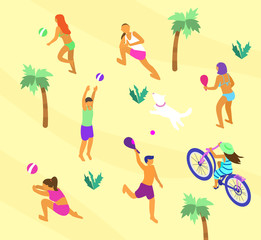 Isometric beach scene with lots of different people doing summer sports. Summer outdoors activities. Beach volley, yoga on the beach, rocket ball, bike ride. Vector illustration