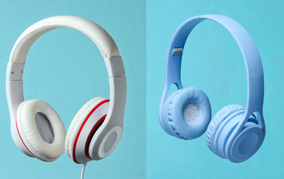 3D surround photo modern headphones on blue background.