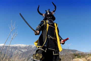 Samurai warrior dressed in armor, posing in the mountain