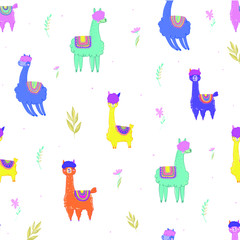 Abstract seamless lamas pattern. Colorful cartoon animal repeated print for fashion textile, clothes, wrapping paper. 