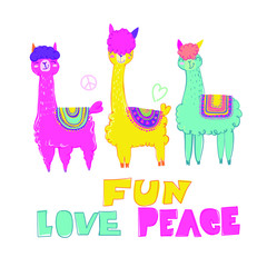Alpaca t shirt design with hand written text composition LOVE PEACE FUN. Cartoon animal illustration