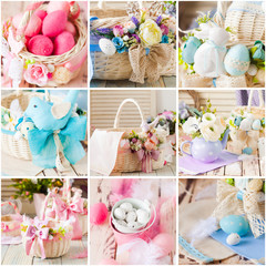 Easter baskets, eggs, decoration and flowers, collage