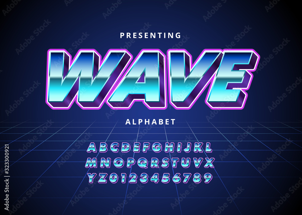 Fototapete retro futuristic 80s font style. vector alphabet with chrome effect template for game title, poster 