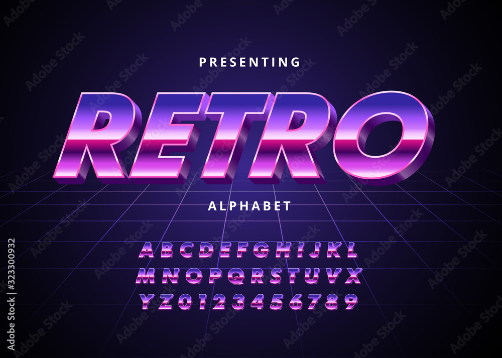 Fototapete retro futuristic 80s font style. vector alphabet with chrome effect template for game title, poster 