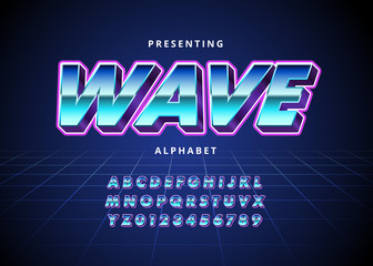 Retro Futuristic 80s font style. Vector alphabet with chrome effect template for game title, poster headline, old style
