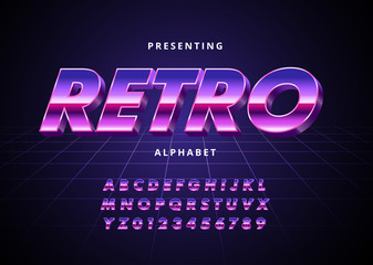 Retro Futuristic 80s font style. Vector alphabet with chrome effect template for game title, poster headline, old style