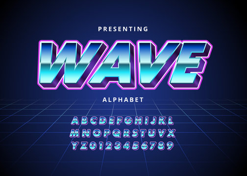 Retro Futuristic 80s font style. Vector alphabet with chrome effect template for game title, poster headline, old style