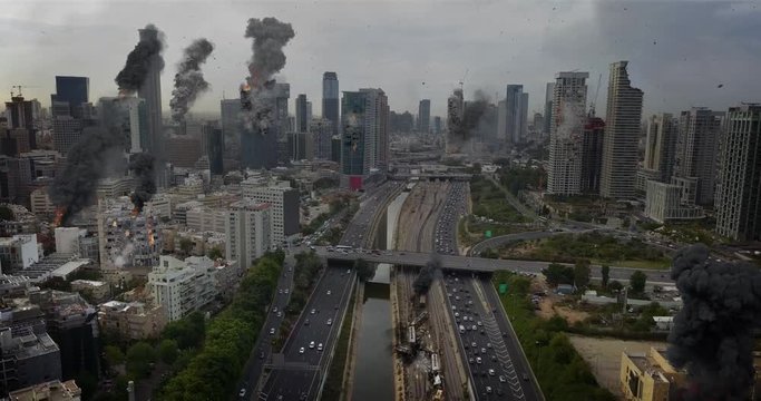 City Under attack Destroyed in war aerial view Illustration Video Compositing simulates Real drone footage with visual effects elements, of Israel Tel aviv  city under attack with smoke and Destroyed 