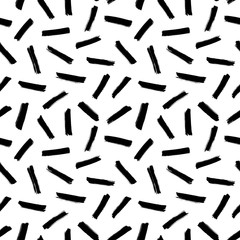 Brush strokes vector seamless pattern in memphis style. Thin lines, dashes and smears. Black and white retro mosaic texture.