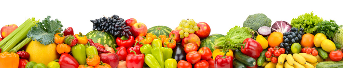 Panorama multicolored fresh fruits and vegetables isolated on white