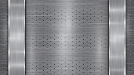 Background in silver and gray colors, consisting of a perforated metallic surface with holes and two vertical polished plates located left and right, with a metal texture, glares and shiny edges