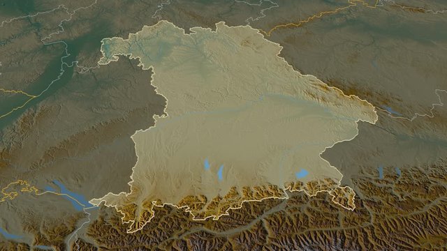 Bavaria, state with its capital, zoomed and extruded on the relief map of Germany in the conformal Stereographic projection. Animation 3D