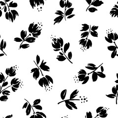 Blossom floral vector seamless pattern. Blooming botanical motifs background. Hand drawn ink brush illustration.