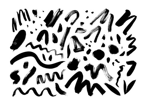 Vector grungy paint brush strokes collection. Calligraphy smears, stamps, lines, splodge and dots. Curved and zig zag black brushstrokes.