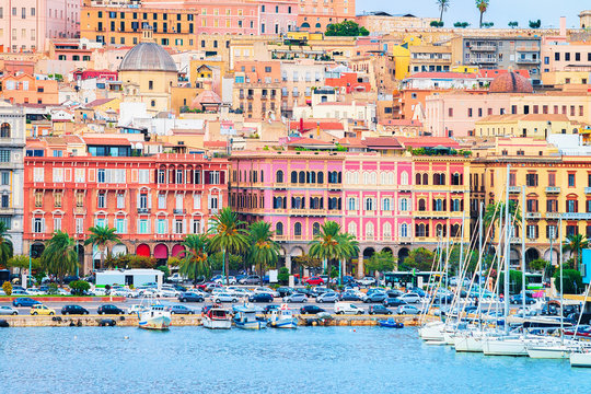 Cityscape with marina in Mediterranian sea in Cagliari