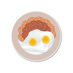 Fried egg, sliced sausage and salami on a plate, isolated on a white background. Food ads are used for menus, Internet, and advertising. Vector