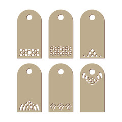 Set stencil labels with a carved openwork pattern on a white background . Image suitable for laser cutting, paper cutting etc