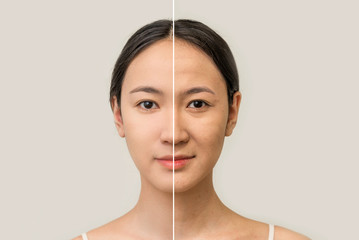 the female face of an Asian woman, the concept of beauty before and after contrast, the power of retouching. skin care, prolongation of youth. women's cosmetology  - obrazy, fototapety, plakaty