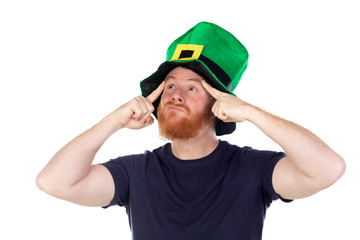 Redhead man with green hat thinking about something