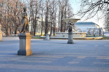 Warsaw, Poland - January 2020.  Beautiful Saxon garden in the center of Warsaw. Elegant sandstone...