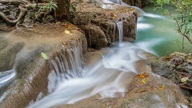 The cold stream of the Erawan waterfall