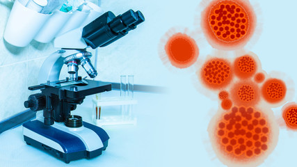 The molecules of the coronavirus under a microscope. Enlarged virus molecules from China on the background of a microscope. 2019-nCoV. Study of a dangerous virus from PRC. Wuhan.
