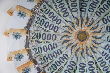 20000 forint banknote stacks as background (Hungarian forint) Deak Ferenc. Europe Hungary. 