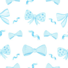 watercolor hand drawn blue bows and ribbons seamless pattern on white background for wrapping paper, baby shower, scrapbooking, cards