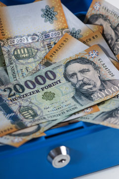 20000 forint banknote stacks as background (Hungarian forint) Deak Ferenc. Europe Hungary. 